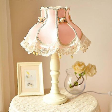 Lampe de table de chevet avec abat-jour en dentelle et pompon, en bois, lampe de bureau, lampe de nuit E27d92(B) (1/3)