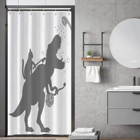 Filiyano-Rideau de douche humoristique 90x180 cm, motif chat aidant dinosaure, rideau de douche pour enfant, silhouette ombre noire et blanche, tissu (1/5)