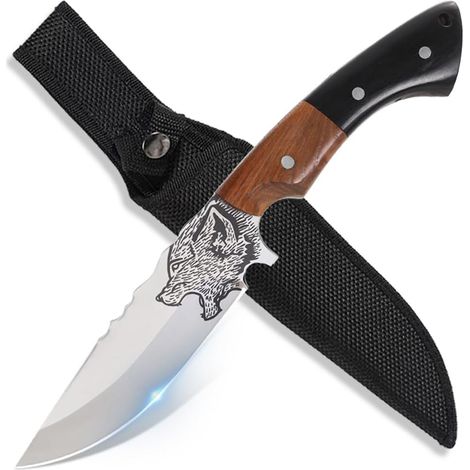 Couteau Outdoor 27cm – Lame Straight-Back avec Dos Dentelé et Gravure Tête de Loup Rugissant, Poignée Multicouche en Bois de Hêtre et Résine Noire avec Repose-Doigt, Compagnon Robuste pour la Nature (1/5)
