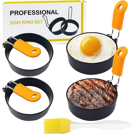 Lot de 4 cercles à œufs pour faire frire des œufs, moule à œufs rond en acier inoxydable avec poignée anti-brûlure et pinceau à huile, antiadhésif. (1/5)