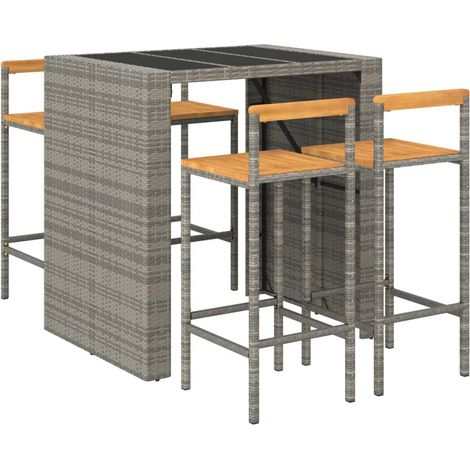 Set bar da giardino con mobili da esterno, 5 pezzi, polyrattan grigio/legno massiccio di acacia