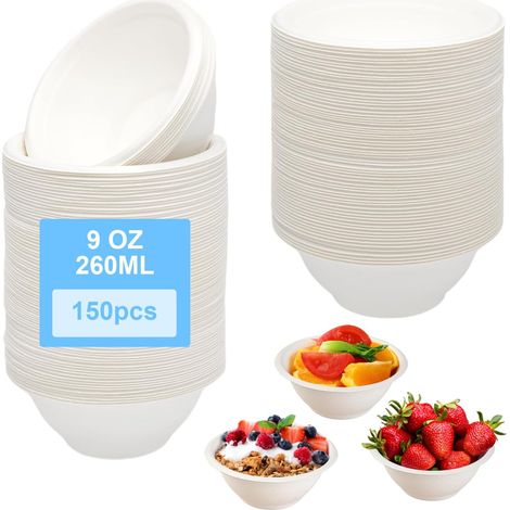 150 Pièces Vaisselle Jetable Bol Jetable Bols Jetables 260ML Écologique Saladier Soupe Dessert Biodégradable Compostable en Sugarcane Bagasse Bols Jetable Blanc (1/5)