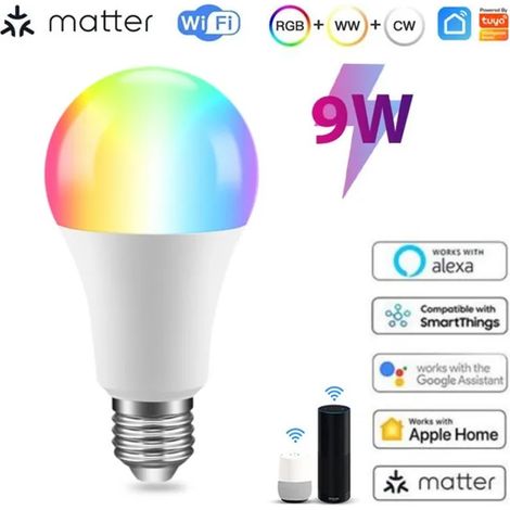 Lampadina Matter LED Wifi Smart Multicolore RGB Dimmerabile E27 9W 806Lm App Compatibile con Amazon Alexa e Google Home (1/5)