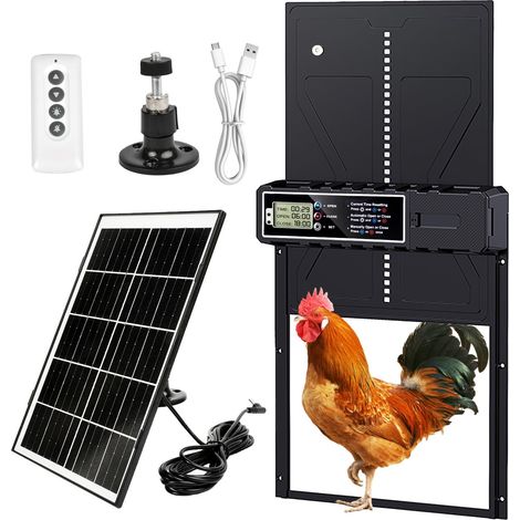 Porte automatique pour poulailler avec panneau solaire, télécommande et minuterie, trappe motorisée programmable pour animaux de ferme, installation facile et sécurisée, système anti-pincement (1/5)