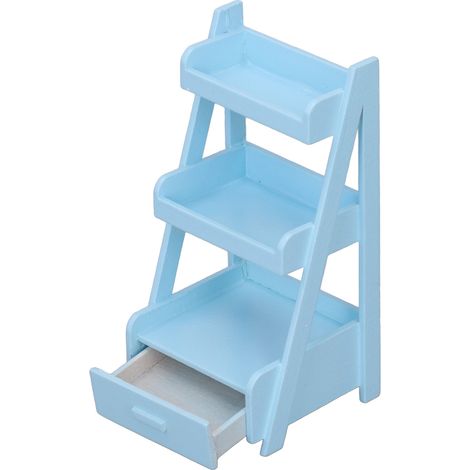Blumenständer für Puppenhäuser im Maßstab 1:12, mit 3 Ebenen, handgefertigt aus Birkenholz, mit Schublade, blau. (1/5)