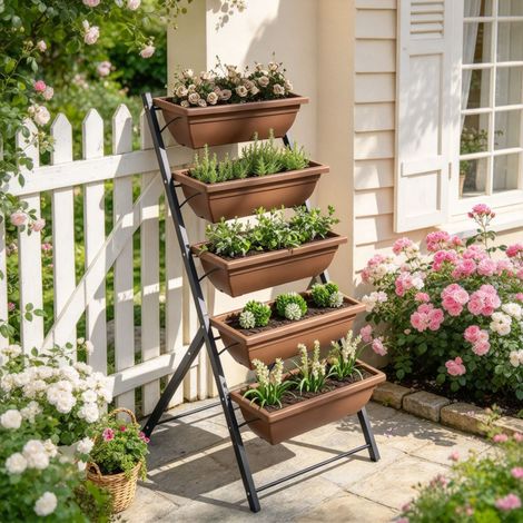 Robustes Stahl Hochbeet mit 5 stabilen Kunststoff Blumenkästen 55 x 63 x 120 cm für Balkon Terrasse Innen (1/5)