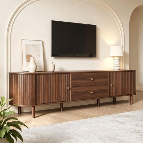 Meuble TV bas, banquette TV 180x40x58cm, meuble bas ovale avec portes coulissantes et deux tiroirs – meuble TV aspect bois pour le salon. (1/4)