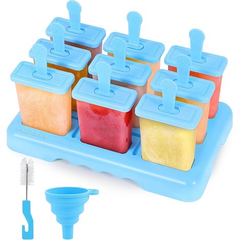 Moules à glace avec bâtonnets, moules à 9 cavités pour glaces à l'eau, moules à glace à l'eau sans BPA et adaptés au contact alimentaire, moules à glace à faire soi-même avec goupillon de nettoyage et (1/5)
