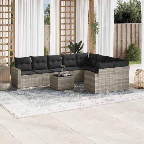 Set sofás jardín 10 pzas con cojines ratán sintético gris claro vidaXL (1/3)