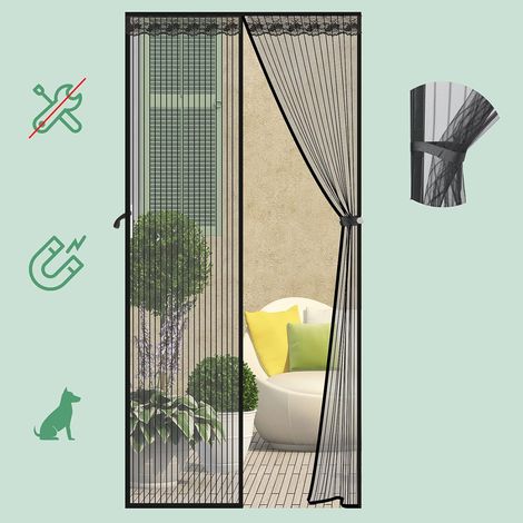 Moustiquaire magnétique avec 36 aimants puissants, rideau magnétique respirant anti-moustiques et anti-insectes pour porte-fenêtre, porte de balcon et porte-fenêtre Noir (90 x 220 cm)