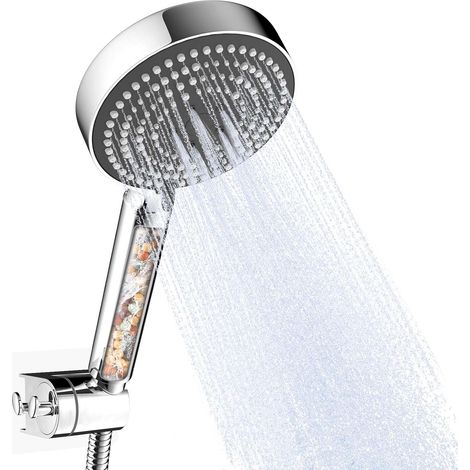 Pommeau de Douche avec Flexible de Douche de 1,6 m et Support, Pommeau Douche Anti Calcaire avec 6 Modes, Pomme de Douche Filtrant, Douchette Economie d'eau, Panneau Avant Gris (1/5)