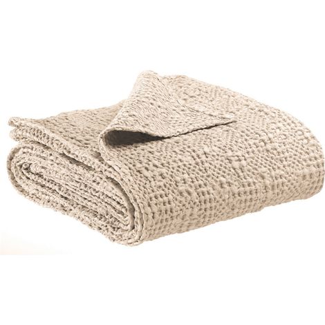 Grand jeté de lit et de canapé plaid effet lavé stonewashed coloris crème 240 x 260 cm - PANGIVO