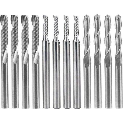 Set aus 12 Hartmetall-Fräsern, 4 Doppelschneider-Fräser mit 0,32 cm Durchmesser und 8 Einzelschneider-Fräser (2 Typen) für Nylon, Harz, ABS, Acryl, PVC, MDF und Hartholz.