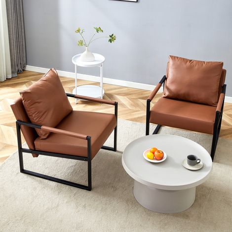 Sillón de lectura de metal y cuero PU marrón, con reposabrazos anchos y cojines acolchados (1/5)