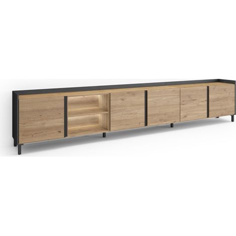 Skraut Home - Mueble TV, Televisión, Muebles de salón, almacenaje, 309x35x61cm, Para TV hasta 80", Diseño industrial, LED, Estilo Moderno, Roble y negro (1/5)
