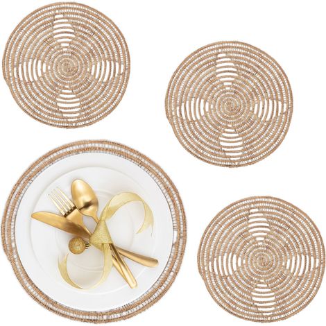 Relaxdays Tischset, 4er Set, natürliches Design, Palmenfaser, rundes Platzset, Ø 35 cm, Teller, Deko, Esstisch, natur