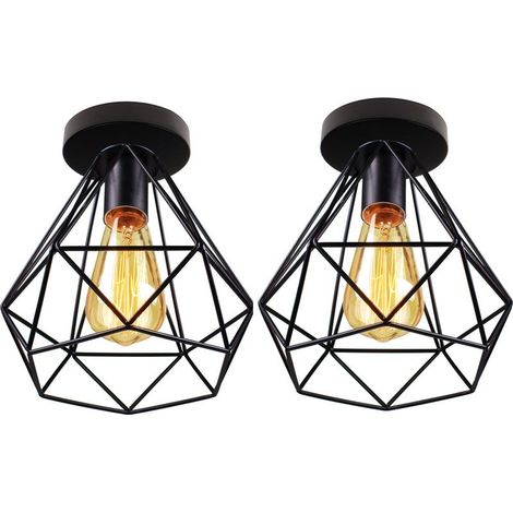 2PCS Plafonniers D'Intérieur Plafonniers En Métal Noir Vintage Lampe De Plafond Rétro Diamant Pour Salle À Manger Bar Café Chambre Bureau E27 (1/5)