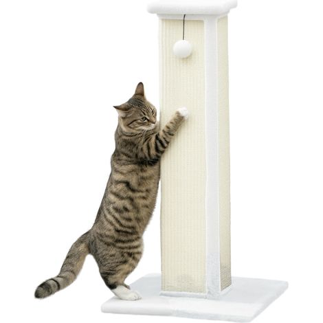 81cm Cat Scratcher, Vertical Full Scratcher w/ Natural Sisal Rope, Hanging Ball, Soft Plush - White (1/5)