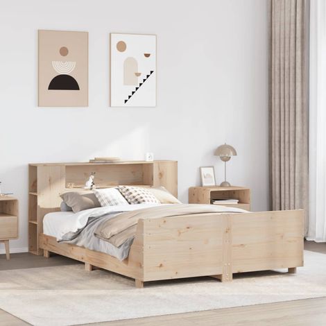 Cadre de Lit Pin Massif 140x190 cm avec Sommier à Lattes et Rangements Tête de Lit en Bois (1/4)