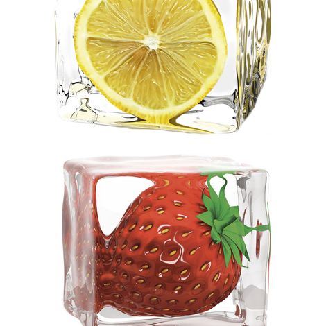 Papier peint cuisine jaune vert & rouge | Papier peint bande décorative original | Tapisserie cuisine motif glaçon & fruit - 2,50 x 0,35 m (1/2)