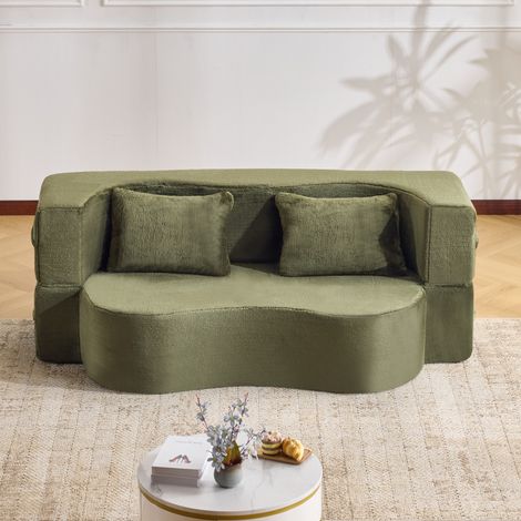 Canapé-futon grand format entièrement compressé sans montage. Se transforme en lit d'appoint pour salon et chambre d'amis, vert