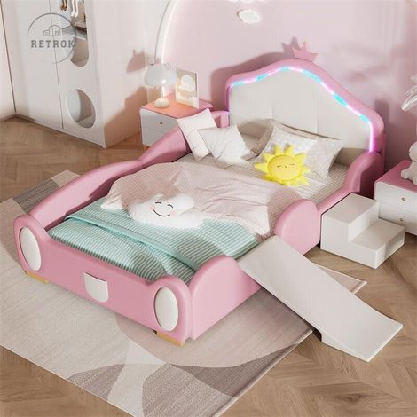 Lit simple d'enfant 90x200cm, lit rembourré couronne, avec petit toboggan et escalier, bords de protection, lattes en bois, tête de lit avec bandes LED, rose + beige (1/5)