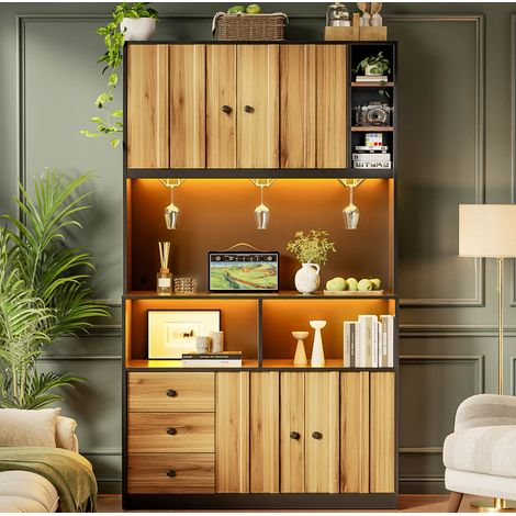Küchen-Hochschrank 100 x 40 x 180 cm mit LED, Steckdosen, Flaschenregal und Vitrine OKMYHOME (1/5)