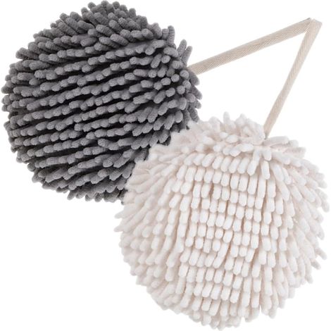 Set of 2 Ultra Soft Chenille Hanging Hand Towels Ball Shape