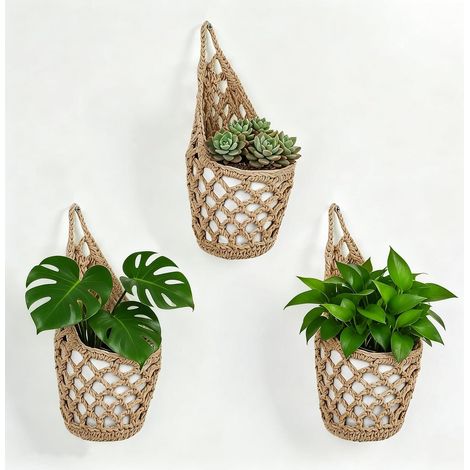 Lot de 3 paniers suspendus en macramé - Décoration bohème - Vases muraux et pots de fleurs suspendus - En corde de coton de 4 mm - Peu encombrant - Pour jardin, balcon, salon, décoration (1/5)