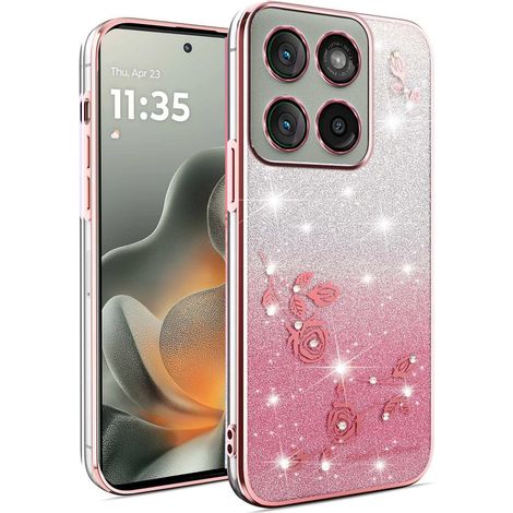Custodia per Motorola Edge 70, fiore glitterato, rosa (1/4)