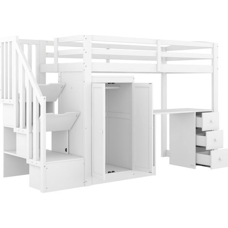 Cama alta 90 x 200 cm blanca con escritorio, armario, cajones y escalera (1/5)