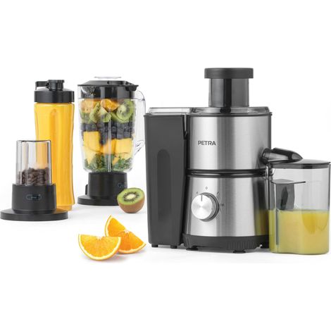 Petra PT4294VDEEU7 Centrifuga elettrica 4-in-1, spremiagrumi, frullatore, macinacaffè, caraffa da 1 l e bottiglia, 2 velocità a impulsi, frullati proteici, tazza da 30 g di caffè, Senza BPA, 400W (1/4)