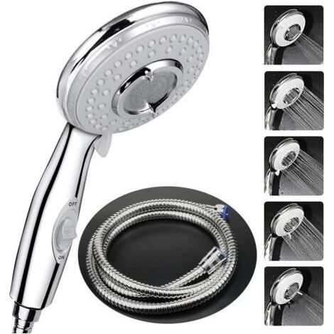 Pommeau Douche + 2 M Tuyau de Douche Flexible,Pommeau de Douche avec Tuyau, 5 Modes Economiseur d'eau et bouton de l'interrupteur, Haute Pression Douchette Pommeau Acier Inoxydable (1/5)
