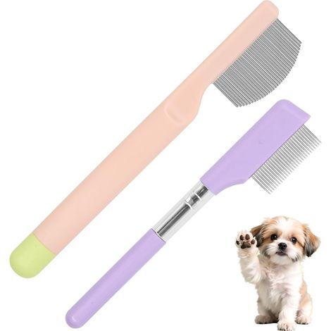 2pcs Pink Purple Flea Brush Skin for Small Dogs Steel Dog Grooming Brush Grooming Tools for Small Dogs for Pet Face Care Comb (1/5)
