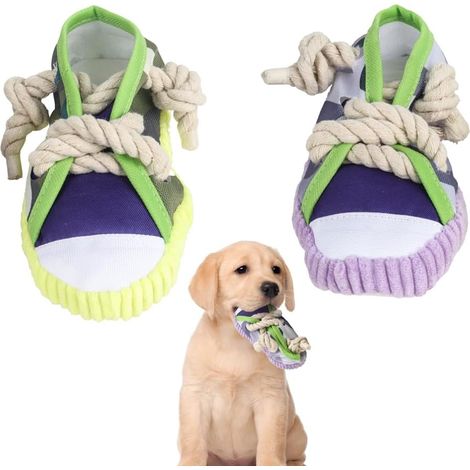 Juguete interactivo para perros, 2 piezas, chirriantes, antiestrés, con bonito diseño de zapato, para perros pequeños y cachorros (amarillo y morado)