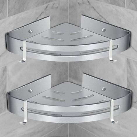 Aluminum corner shower shelf – Drill-free installation – 18 kg load capacity – Set of 2 silver shelves (1/5)