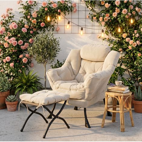 Fauteuil relax avec pouf, accoudoirs et poche latérale, beige HAVRYA (1/5)