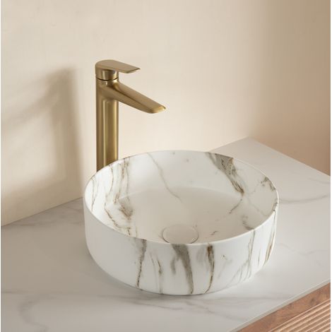 Lavabo sobre encimera de cerámica blanco piedra, redondo 36 cm, sin grifo ni desagüe (1/5)