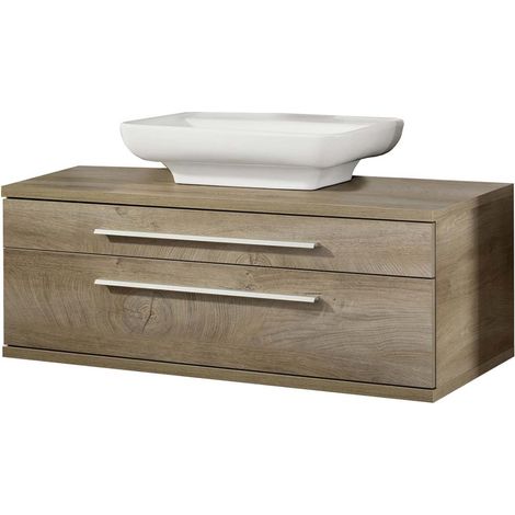 FACKELMANN STANFORD Badmöbel Set 2 Teile / Keramik Waschbecken / Waschbeckenunterschrank mit 2 Schubladen / Soft-Close-System / hochwertiger Badschrank / Korpus & Front: Braun hell / Breite: 110 cm"-" (1/5)