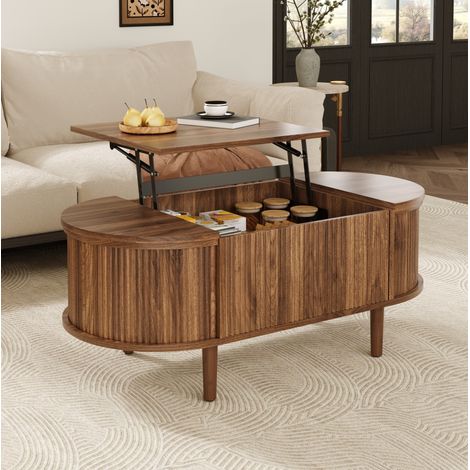 Hochklappbarer ovaler Couchtisch mit Stauraum, MDF und Massivholzbeinen, Walnussoptik HAVRYA (1/5)