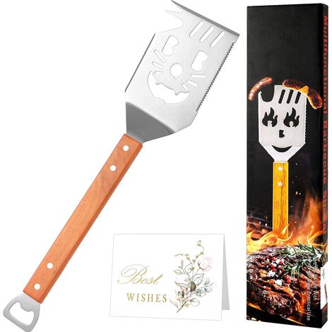 7 en 1 Spatule de Barbecue, Outil Multifonction pour Barbecue avec Manche en Bois, Pelle à Grill en Acier Inoxydable, Accessoire de Barbecue Parfait, Accessoire de Barbecue pour Hommes