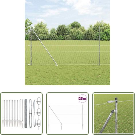 Außenzaun - Zaunpfosten Silber 25 x 1,5 m (50 mm Maschen) Stahl (1/5)