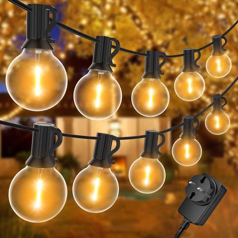 Catena luminosa da esterno lunga 30 m con 50+2 lampadine LED G40, impermeabile IP45, luce bianca calda, ideale per patio, matrimoni e Natale. (1/5)