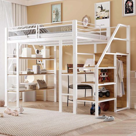 Letto a soppalco 252x147,5x178,5 cm in metallo bianco con scrivania e armadio – MEUBLIV (1/5)