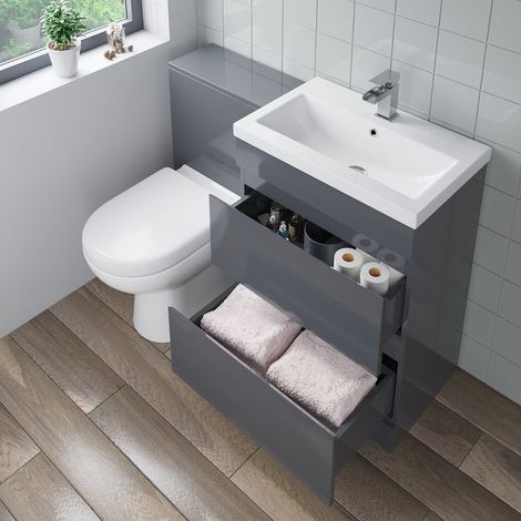 600mm Bathroom Drawer Vanity Unit Basin Toilet Soft Close Seat Modern Gloss Grey (1/5)