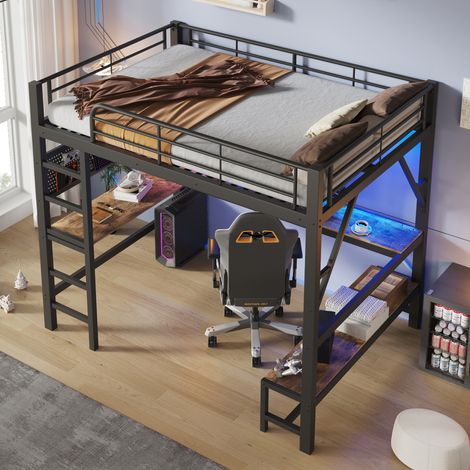 it mezzanine 160x200cm, bureau, étagères, panneau perforé, échelle, garde-corps, prise et ports USB/Type-C, LED, sans matelas, métal noir (1/5)