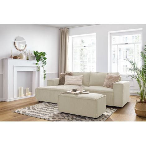 Bobochic – Canapé d'angle fixe compact 3 places – Velours côtelé beige – Large méridienne pour petits espaces – Fabrication européenne (1/5)