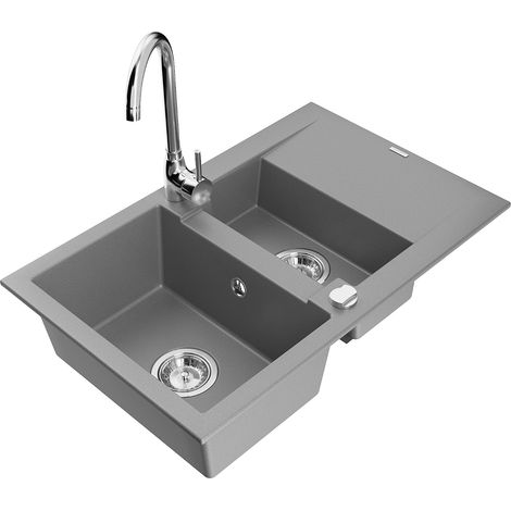 Mexen Gaspar évier en granit 1,5 bac avec égouttoir et robinet de cuisine Telma, gris - 6507-71-670200-00 (1/5)