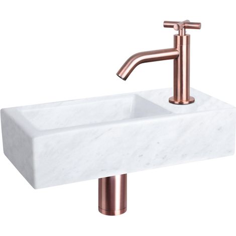 Differnz Helios kit lave-mains - 37,5x18,5x9,5cm - Rectangulaire - 1 trou de robinet - Robinet en cuivre courbé - poignée croix - Pierre minérale (1/5)