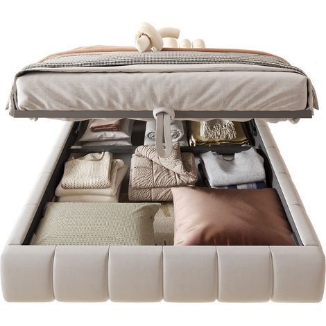 Lit coffre tapisse sans tete de lit avec eclairage LED blanc et cadre hydraulique 140 x 200 Beige - CHICFURN (1/5)
